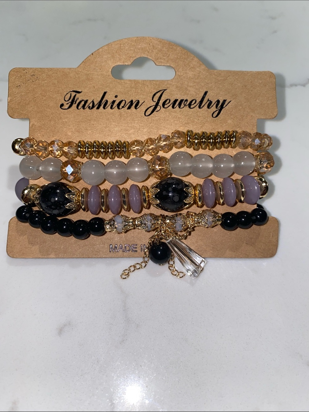Fashion Jewelry Gold, Black & Lilac Bead Bracelet Set